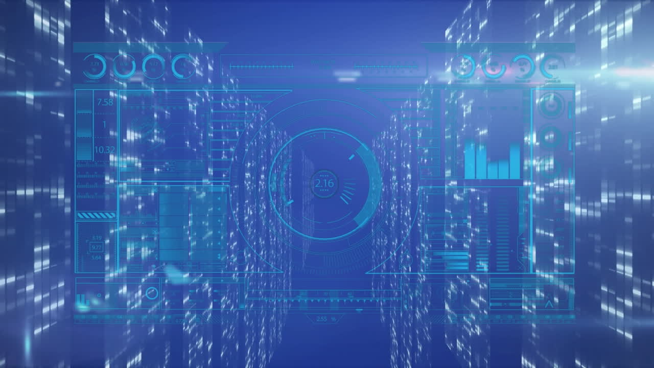 컴퓨터 서버와 함께 기술 방에서 스 ⁇  스캐닝과 데이터 처리의 애니메이션