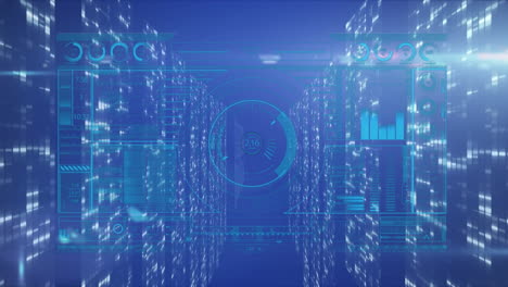 animation of scope scanning and data processing over tech room with computer servers