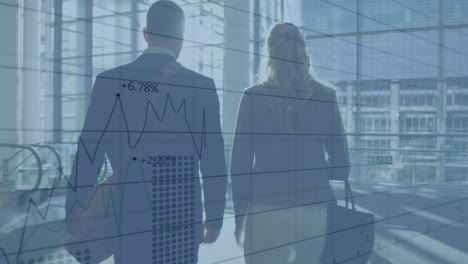 animation of financial graphs over diverse businesspeople walking in office