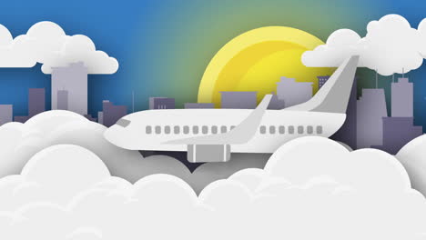 An-animation-of-an-airplane-flying-over-clouds-and-the-city-skyline,-with-the-sun-in-the-background