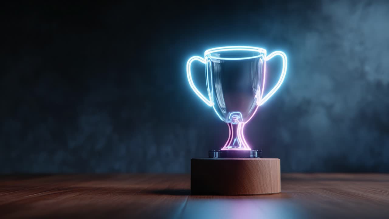 A stunning neon trophy illuminated with vibrant colors, standing proudly on a wooden base against a softly blurred dark background, symbolizing achievement and success