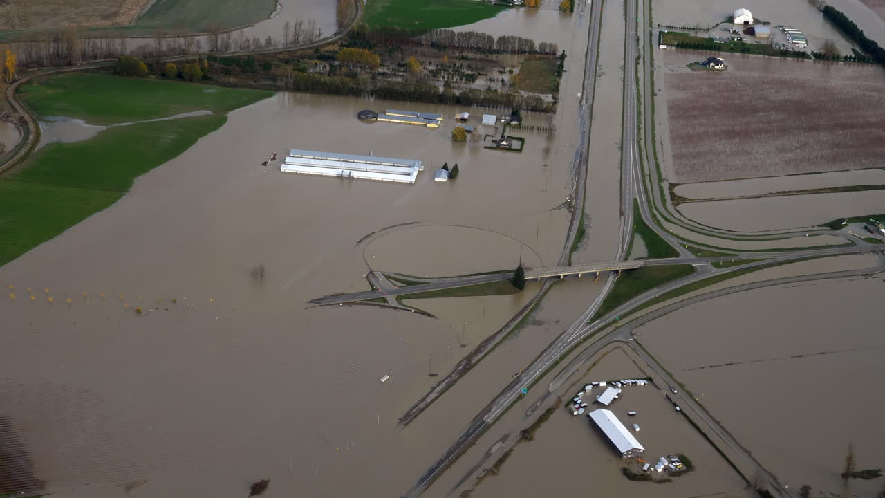 Floodwaters Cover Highway And Fields Due To Heavy Rains In Abbotsford, British Columbia, Canada