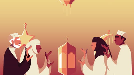 ramadan kareem animation with muslim people praying and icons golden hanging