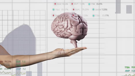 animation of spinning brain with hand over data processing on white background