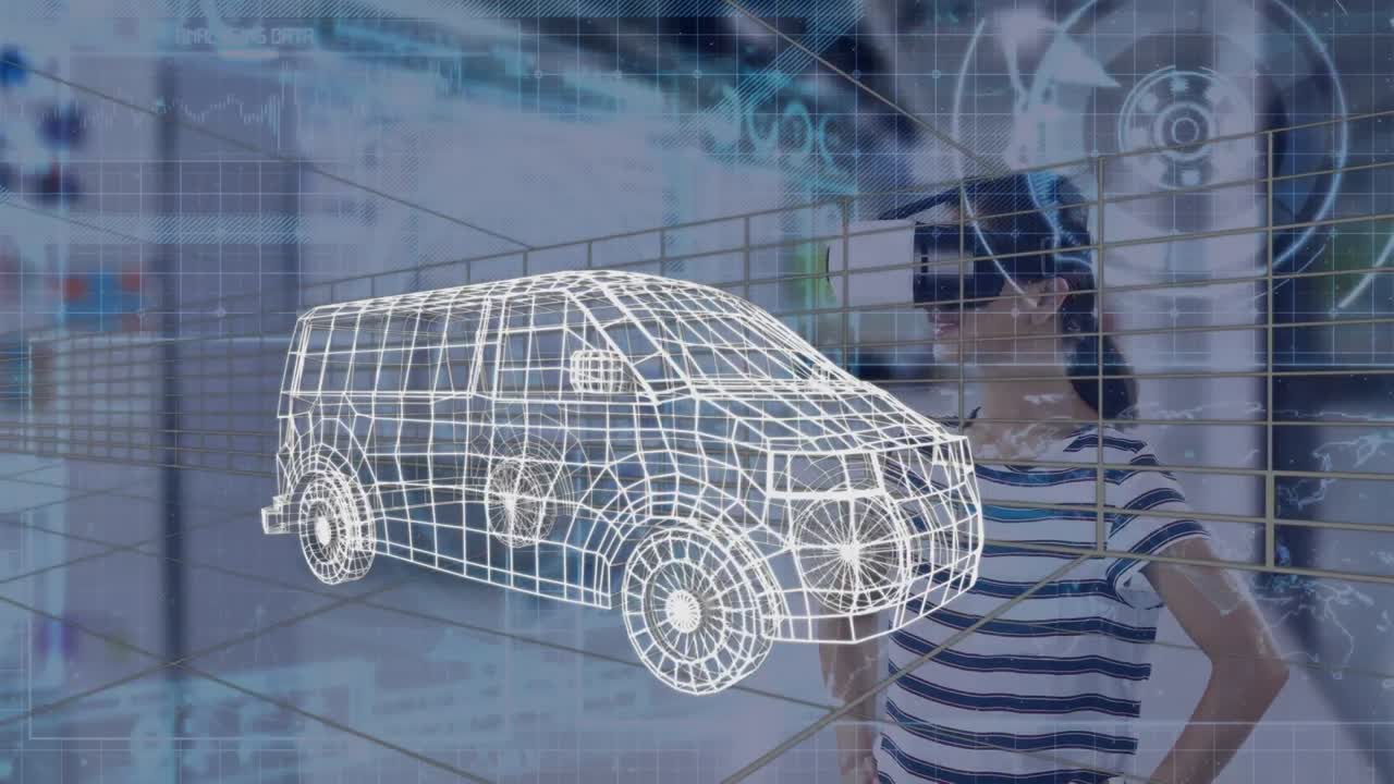 디지털 터널을 통한 3d 밴 모델과 vr 헤드 ⁇ 을 착용한 여성에 대한 데이터 처리