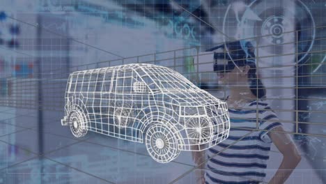 3d van model over digital tunnel and data processing against woman wearing vr headset