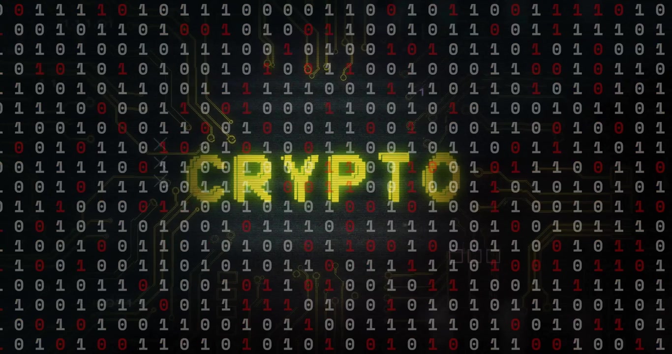 Binary code and circuit lines with CRYPTO text animation