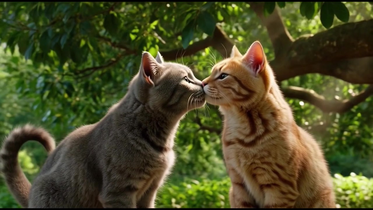Due gatti che si coccolano e si toccano il naso in una lussureggiante ambientazione boschiva
