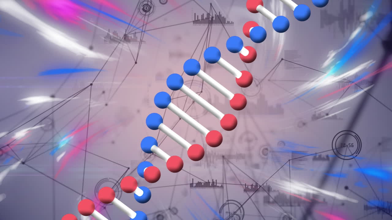 연결 네트워크와 데이터 처리에 대해 회전하는 dna 구조의 디지털 애니메이션