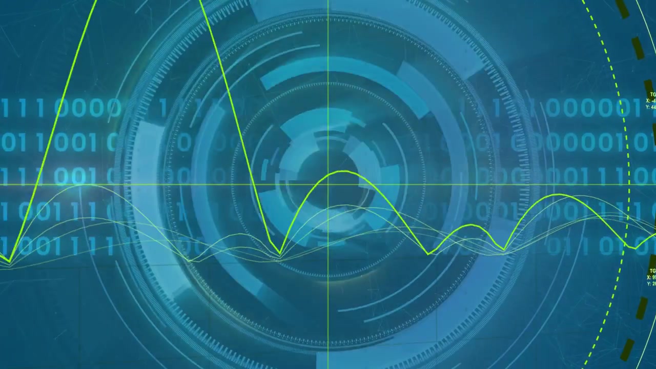 Green wave sweeping left starting central hub rings rotating pulsing binary streams showing data