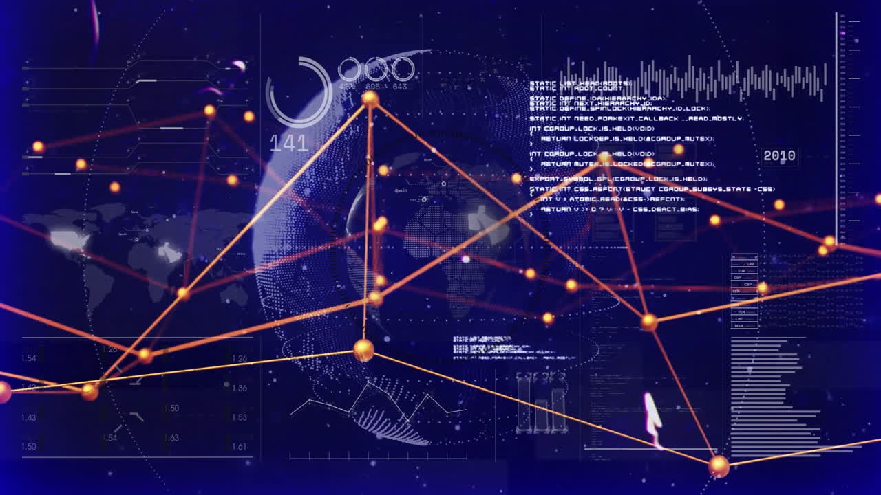 Animation of network of connections over globe and data processing
