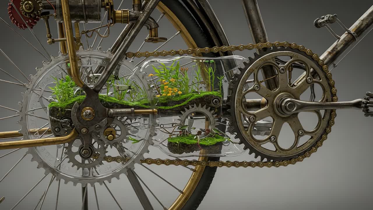 A Unique Concept of Nature and Mechanism Fusion: A Bicycle's Inner Workings with Lush Greenery and Gears Showcasing the Harmony Between Technology and Nature