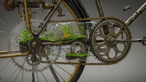 a unique concept of nature and mechanism fusion: a bicycle's inner workings with lush greenery and gears showcasing the harmony between technology and nature