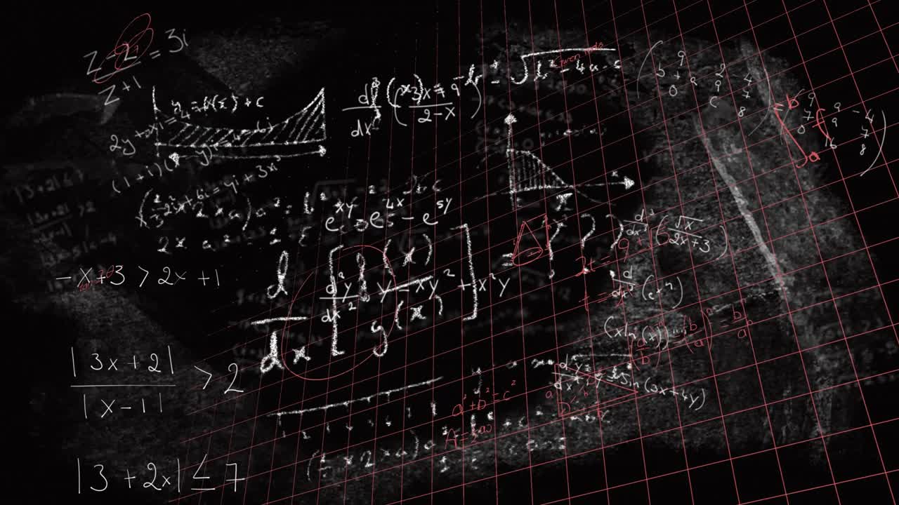 Math equations filling dark chalkboard with red grid overlay showing integrals derivatives graphs