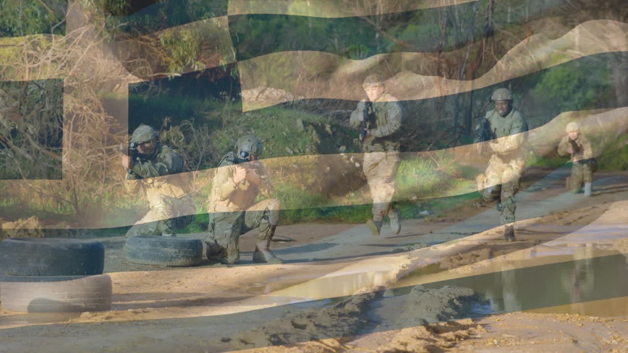 다양한 군인 들 위 에 그리스 의  ⁇ 발 이 그려져 있는 애니메이션