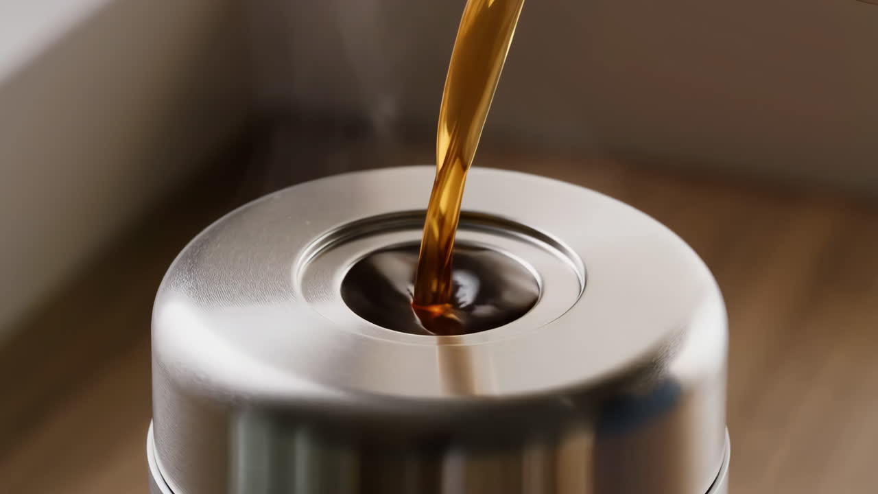 Coffee being poured into a stainless steel thermos