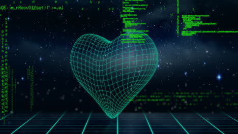 animation of digital data processing and heart over black background