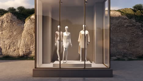mannequins displaying fashion in an outdoor glass showcase against a rocky landscape
