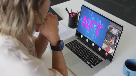 Caucasian-businesswoman-using-laptop-for-video-call-with-diverse-business-colleagues