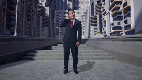 cuerpo lleno de hombre de negocios asiático cálidamente sonriendo y haciendo hablar por teléfono gesto en la ciudad