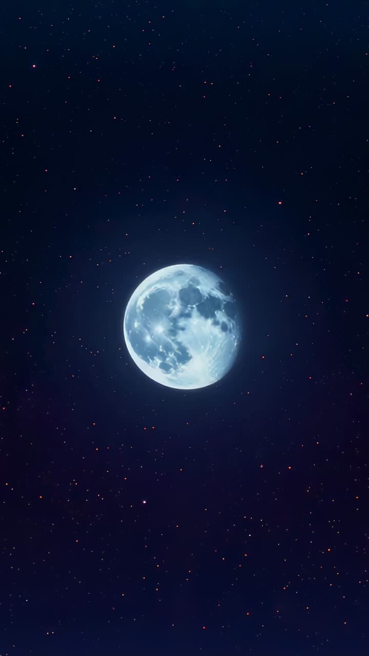 Vídeo vertical: Time-lapse mostrando a lua cheia se movendo e ganhando brilho à noite, revelando crateras