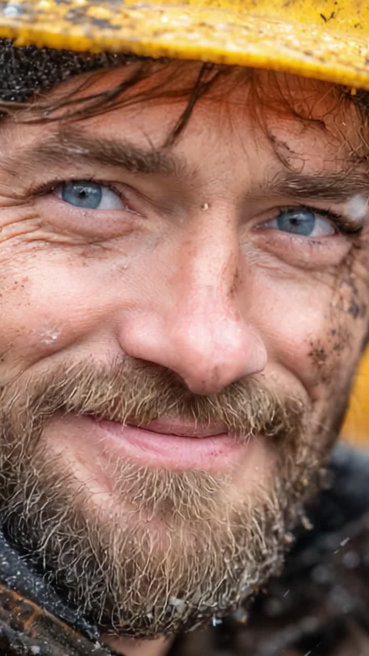 Captivating Portrait of a Smiling Man in a Yellow Helmet, Showcasing Expression and Character with Muddy Details for a Gritty Yet Warm Reflection of Life's Challenges