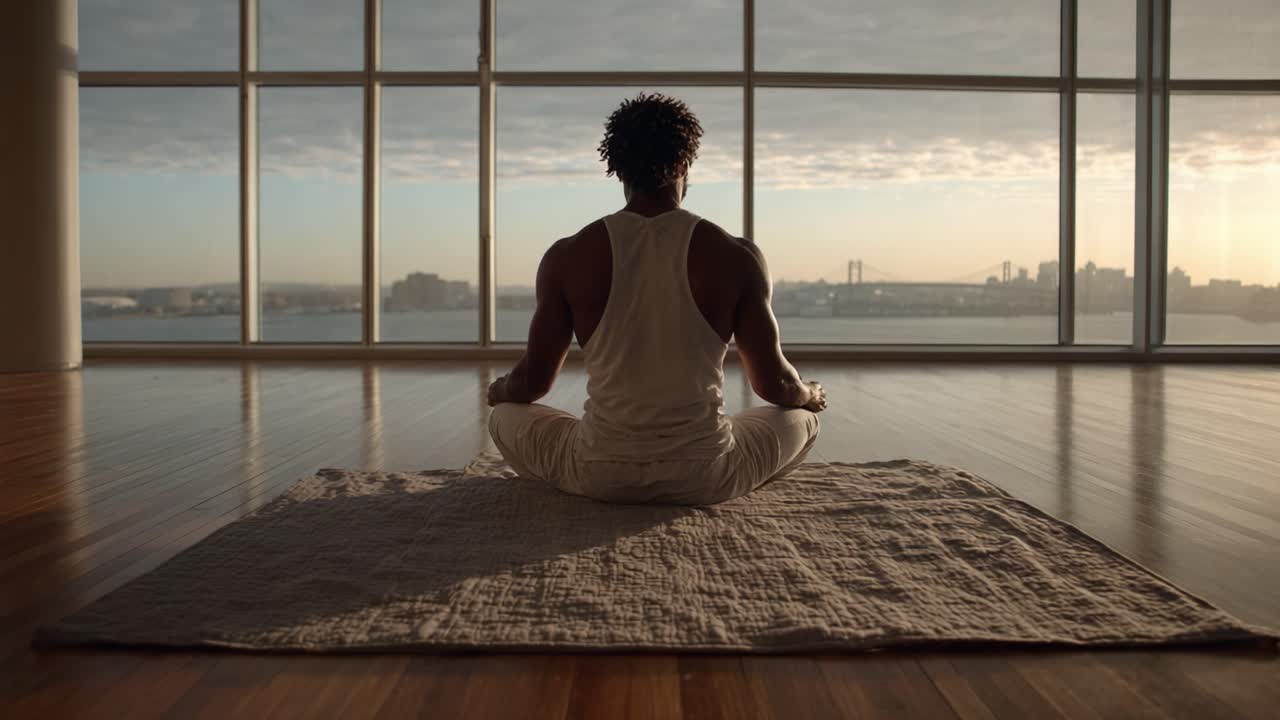 Un momento sereno di meditazione: un individuo pacifico che pratica la consapevolezza in una stanza spaziosa con vista su un bellissimo paesaggio urbano al tramonto.
