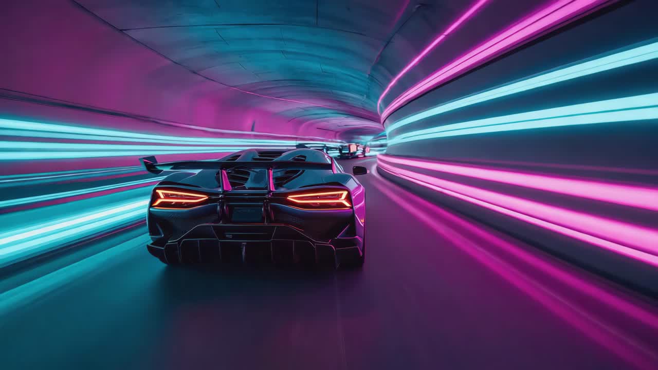 Futuristic Sports Car Racing Through Neon-Lit Tunnel