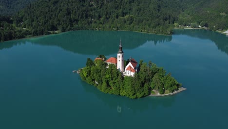 romantic bled glacier lake and island from above. footage with 4k high quality drone stock video