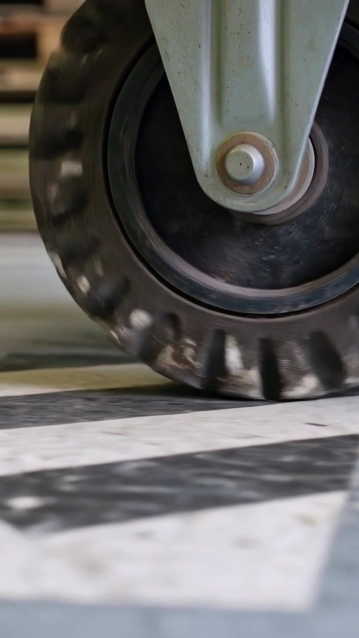 Vertical video: Rolling caster wheel crossing shop stripe after push, showing hub debris
