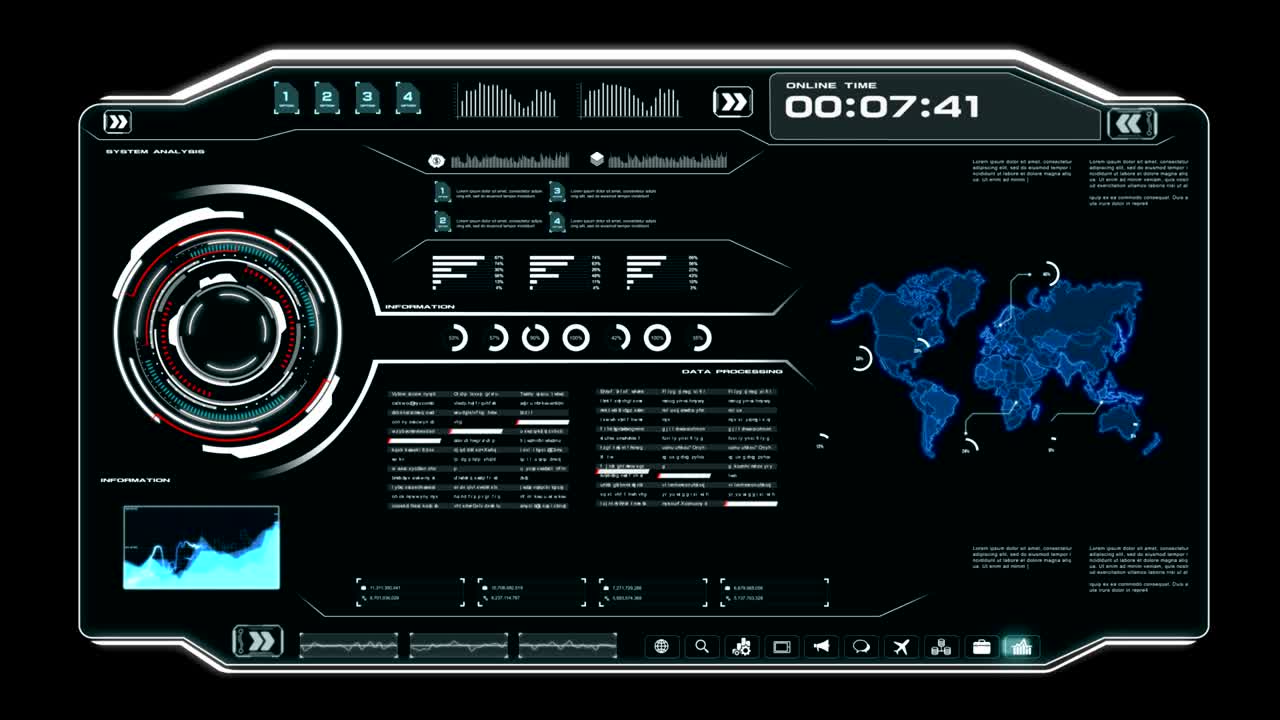 세계 지도 데이터 hud pi 바 텍스트 박스 테이블 및 미래 기술 개념을위한 어두운 추상적인 배경에 있는 요소