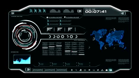 4k animation ui user interface with world map data hud pi bar text box table and element on dark abstract background for futuristic technology concept