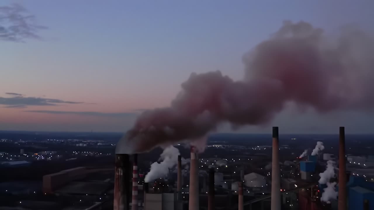 Industrial Emissions: Capturing the Stark Reality of Pollution from Smoke Stacks Against a Twilight Sky, Highlighting Environmental Concerns and Urban Landscapes