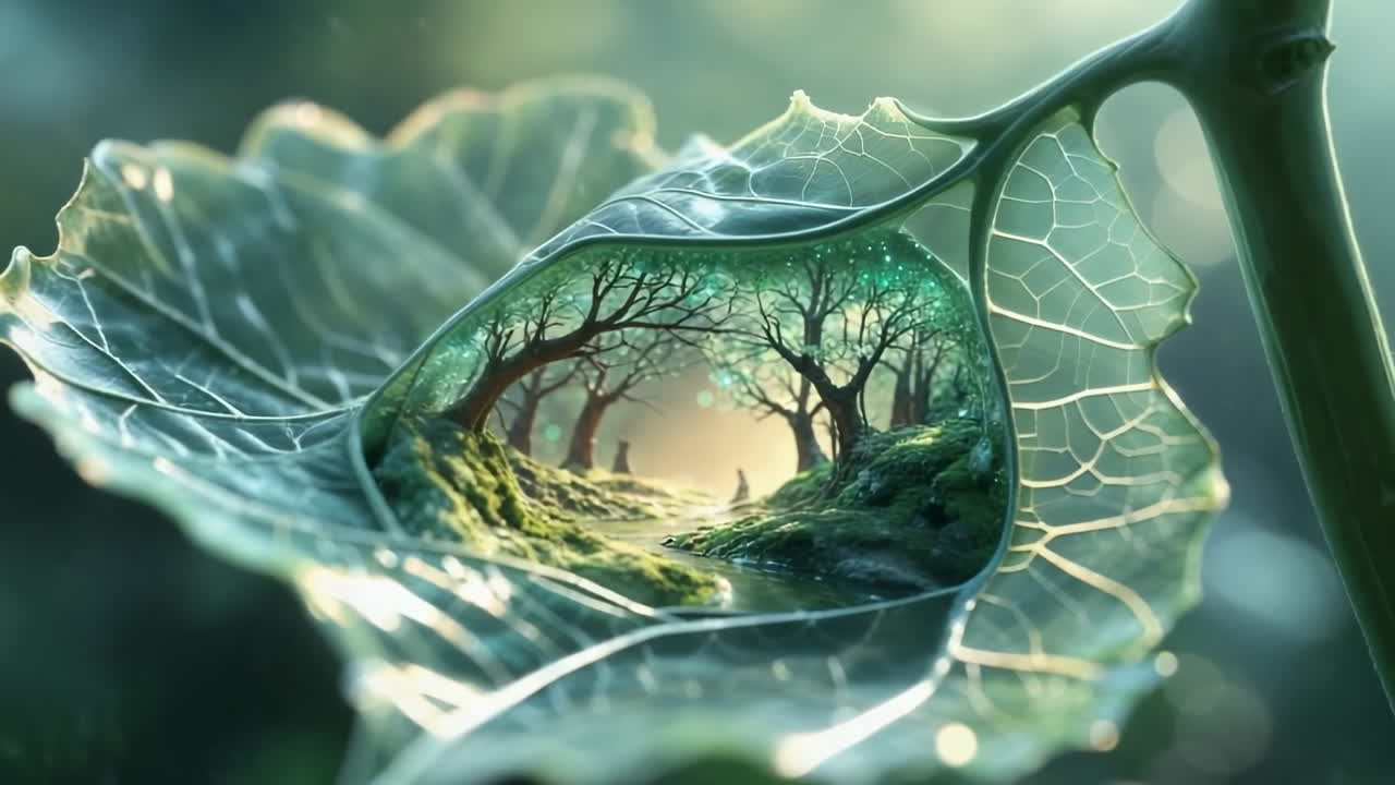 Enchanted Forest Reflected in a Water Droplet on a Leaf