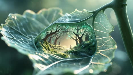 enchanted forest reflected in a water droplet on a leaf