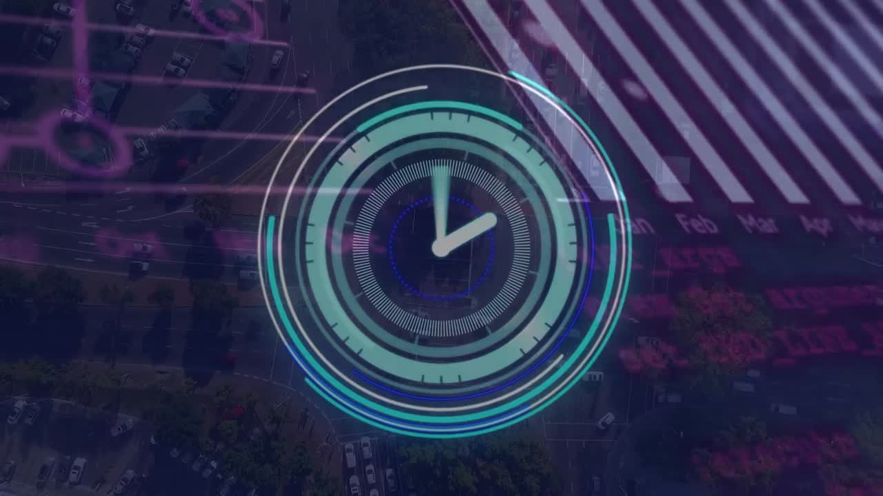 Animation of moving clock and data processing over cityscape