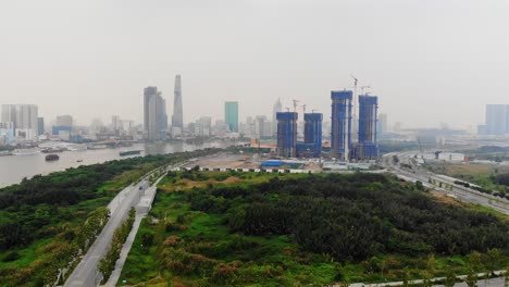 Construction-site-on-Saigon-river,-Thu-Thiem-area-development