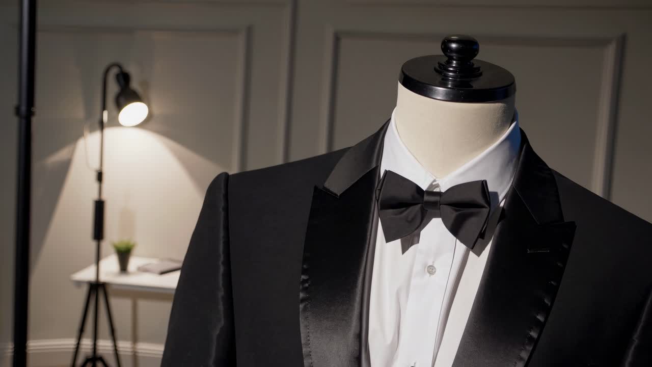 Elegant tuxedo on a mannequin in a dimly lit room, captured from a side angle