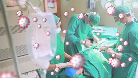 Animation-of-covid-19-virus-cells-over-surgeons-in-operating-theatre