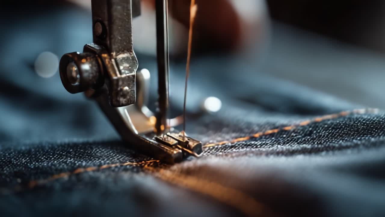 Intricate Close-Up of a Sewing Machine in Action, Highlighting the Precision of the Needle as It Seamlessly Stitches Through Denim Fabric with Careful Attention to Detail