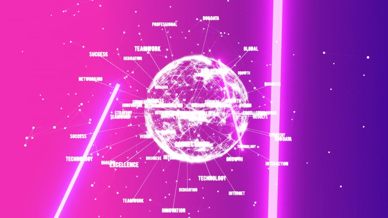 Animation of connections and globe on pink background with neon lights