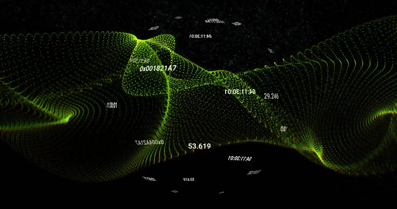 Green digital particle wave flowing across dark void, floating white codes moving through space
