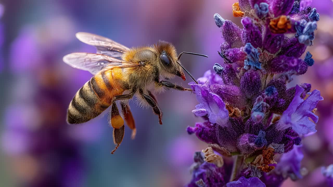 A Stunning Close-Up of a Honeybee in Mid-Flight Approaching Vibrantly Blooming Lavender Flowers, Capturing the Beauty of Nature's Pollinators
