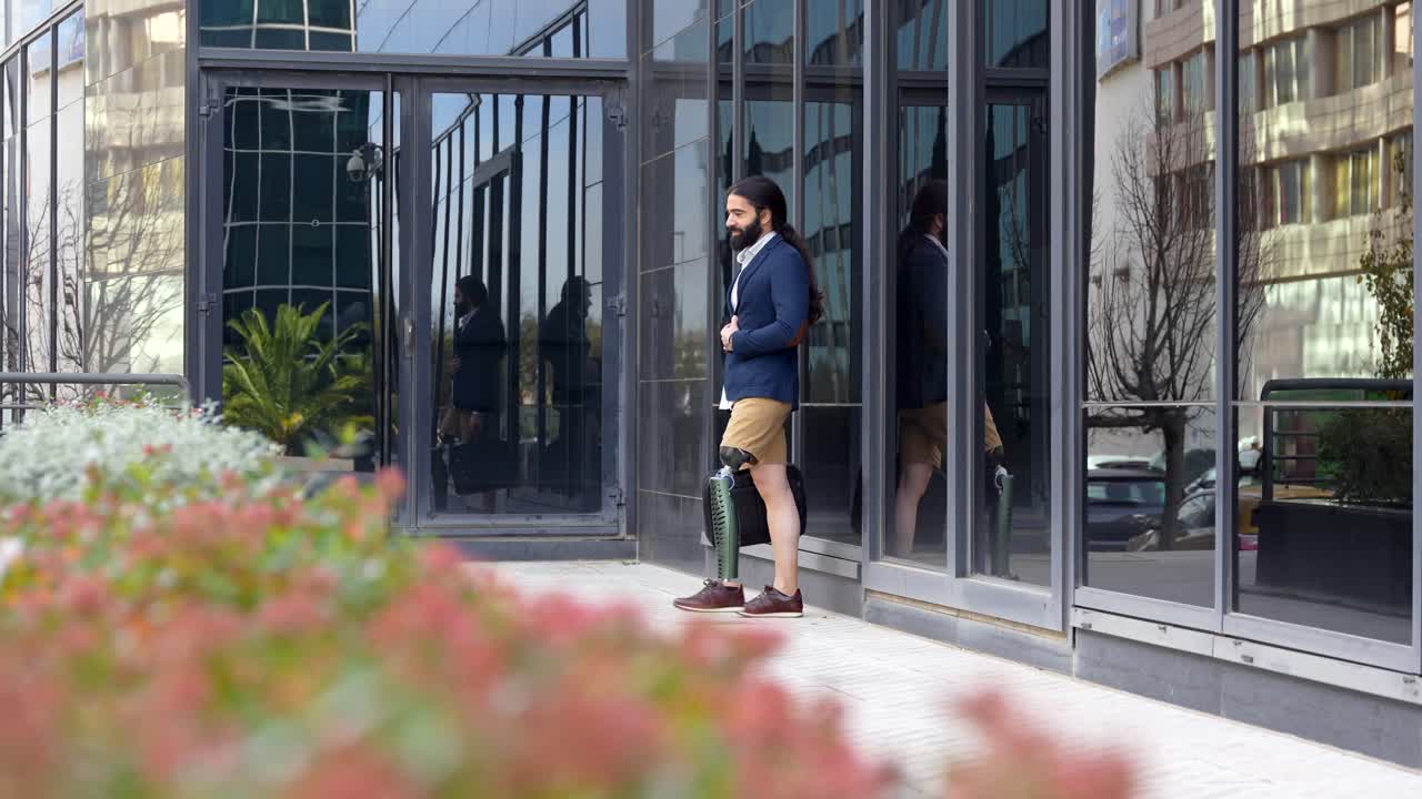 Man with Prosthetic Leg Walking in Business Casual Attire
