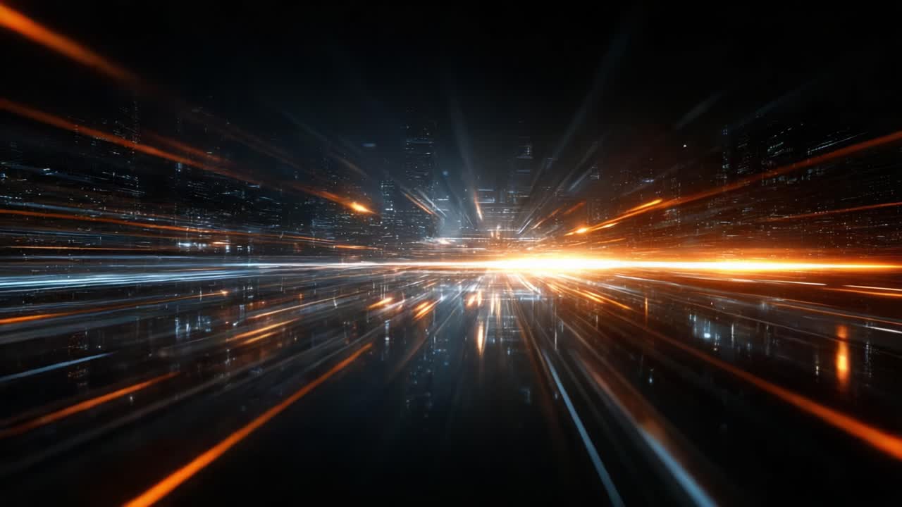 Dynamic Light Trails Create a Stunning Visual of Motion and Energy in an Urban Landscape with Reflections and Vibrant Colors