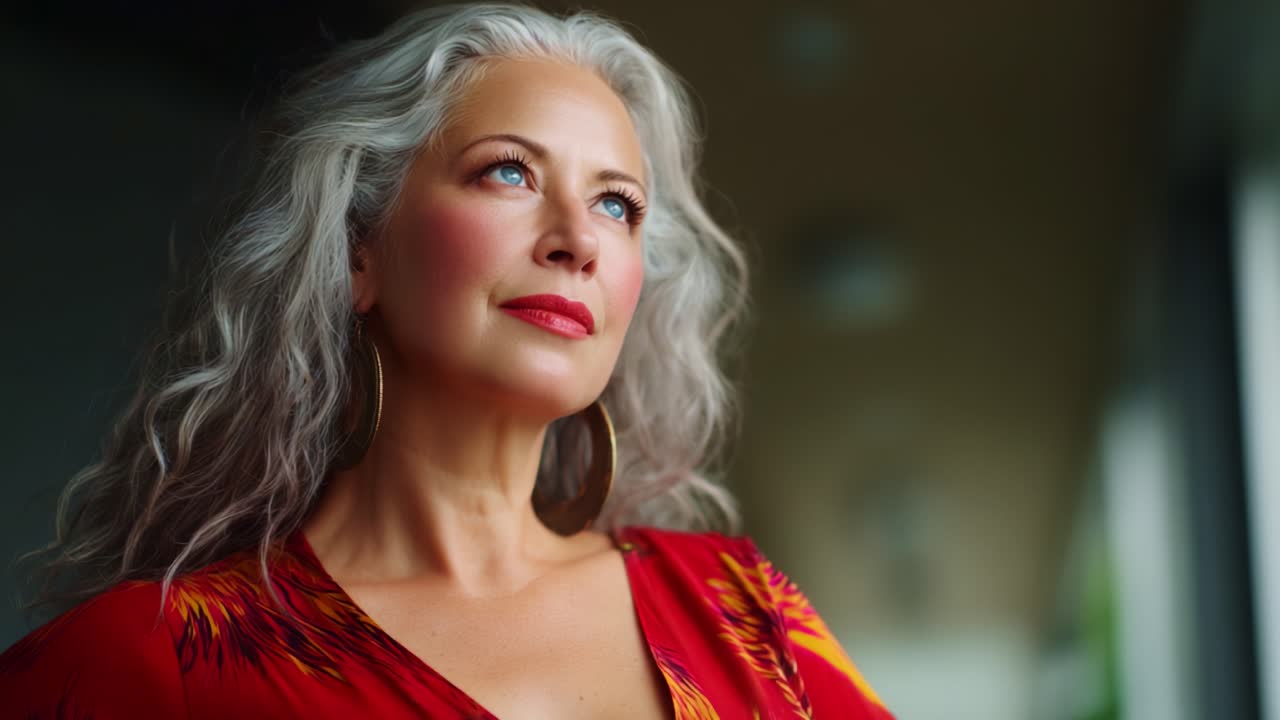 Elegante donna di mezza età con fluenti capelli argentei, vestita con un vivace abito rosso fantasia, che guarda pensierosa in lontananza con sicurezza e grazia