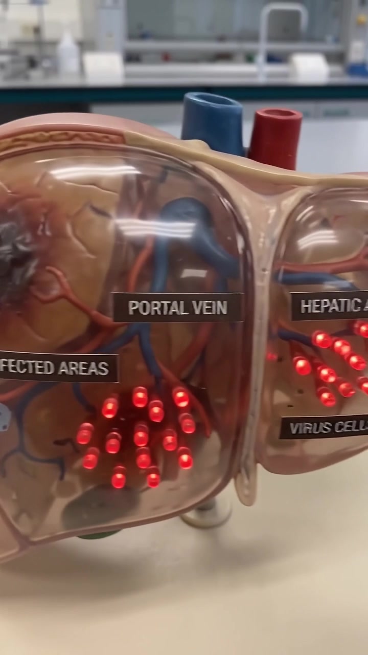 Modello anatomico del fegato che mostra infezione virale e malattia