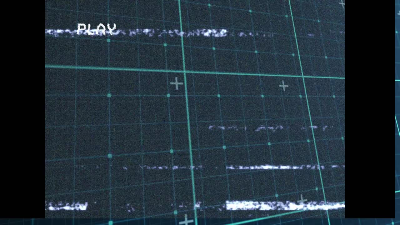 animación de la interfaz digital de reproducción en la pantalla con glitch sobre la cuadrícula