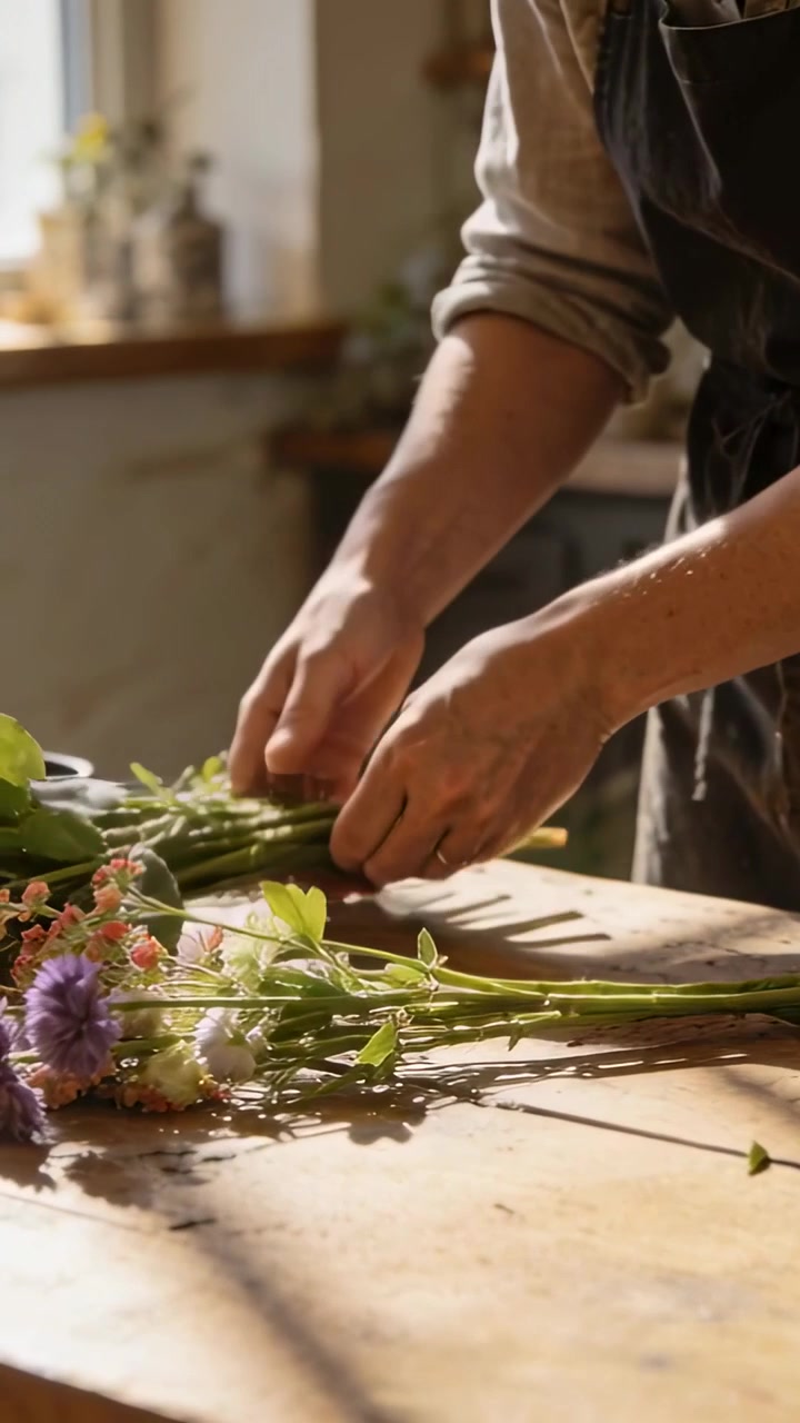 Video vertical: Florista con delantal recogiendo rosas y recortándolas con tijeras en una mesa soleada, con equilibrio.