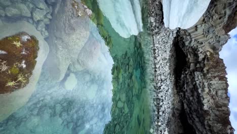 estanque glaciar cristalino con piedras enormes descansando en el fondo y nieve y hielo glacial que rodea la escena con una transición al punto de vista submarino en islandia